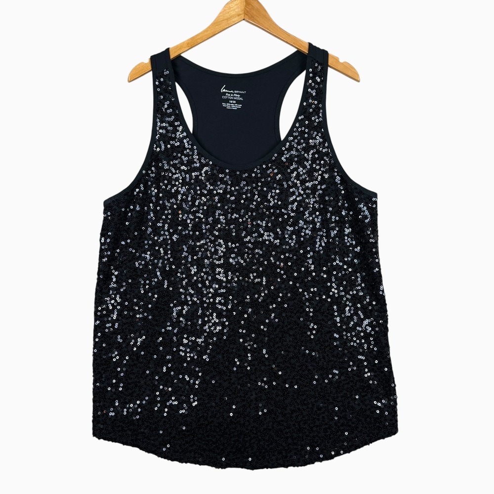Lane Bryant Sequin Tank Top Racerback Womens Cotton Modal Black Plus Size 18/20